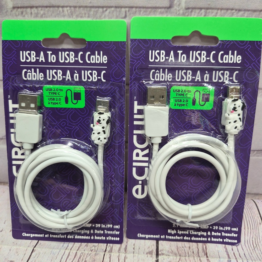 E-Circuit 2PK Dalmatian Dog USB-A to USB-C Charging Data Cable 39in White 2.1A